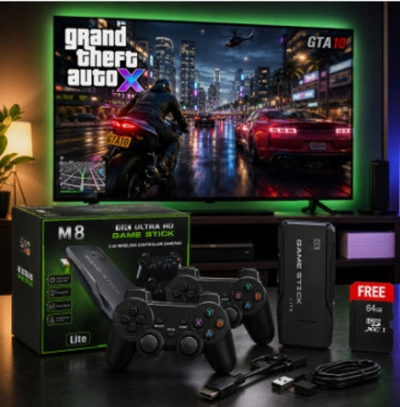 WEARME M8 Pro 4K Game BX Stick 64GB VT 64 GB with Mario, Contra, Super Mario World, Tekken(Black, 2 Wireless Controllers)