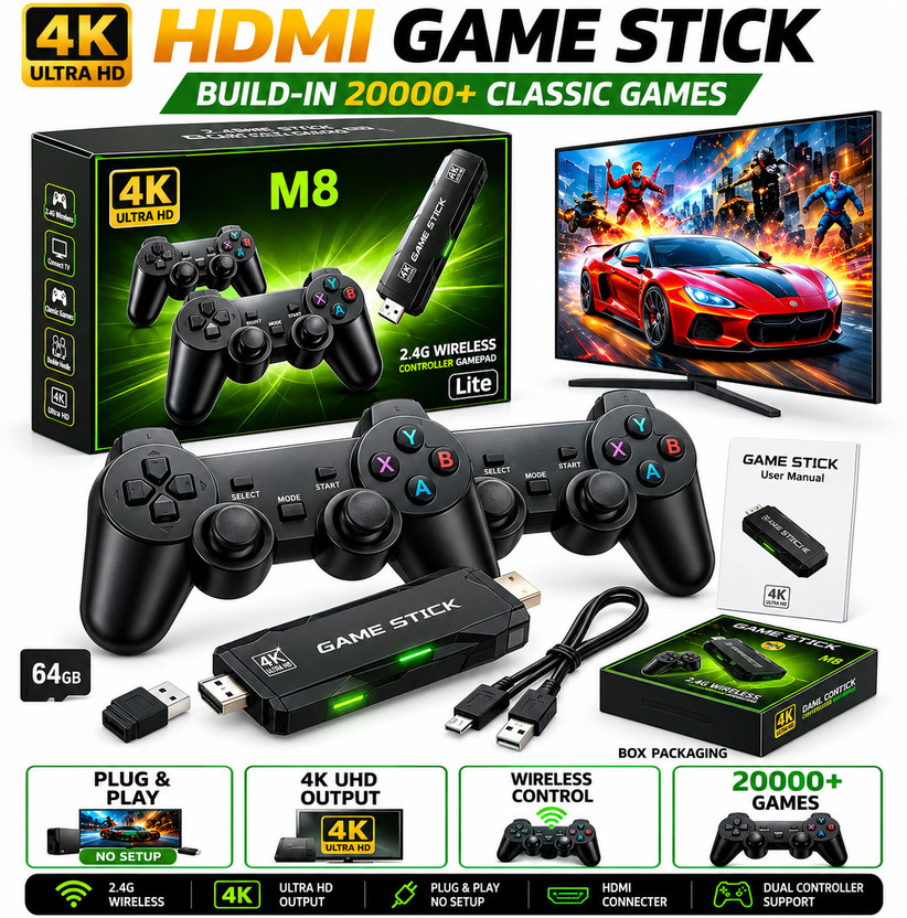 PLAYTRON M8 Pro PS1 Retro Gaming Console 64GB Dual Wireless Controller 64 GB with 15, 000+ built-in retro arcade, classic action, adventure, racing, and fighting.(White, with 40+ Emulator, Full HDMI Output, TV Game Set, Mini Video Game Hand TV)