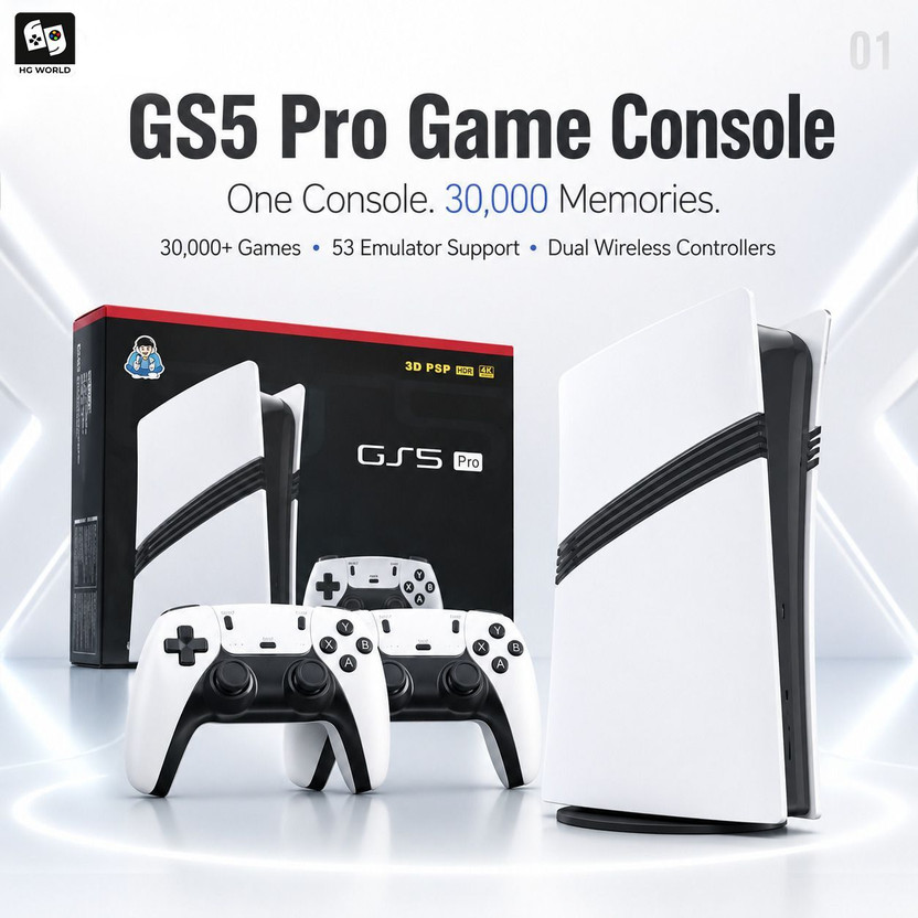 HG WORLD GS5 PRO Retro Gaming Console with 2.4G Dual Wireless Gamepad For TV Video Games 64 GB with 53+ Emulators, 30000+ Games Contra, Pac-Man(White, Loved by Fans of PlayStation Mini PS5,PS4,PS3,PS2,PS1,PSP,Xbox,Switch)