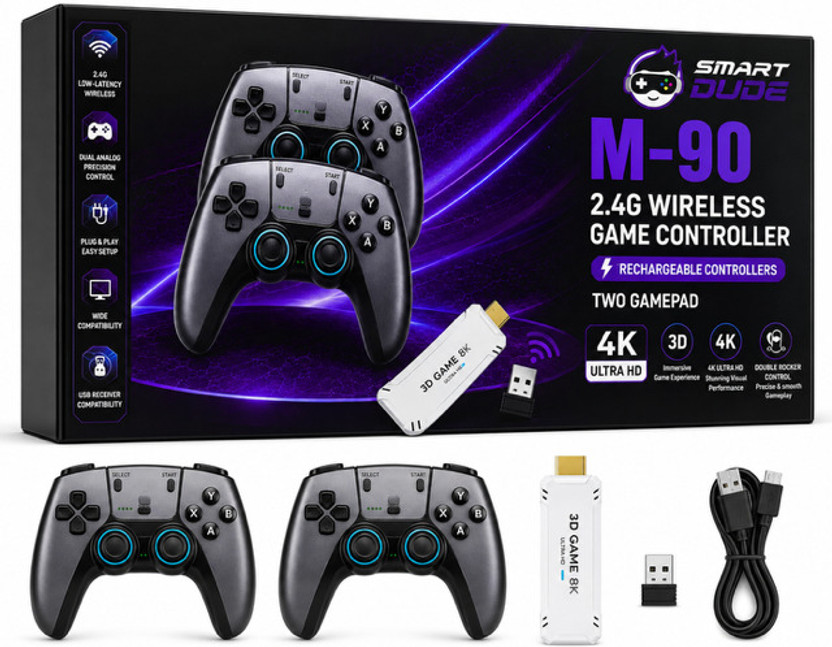 Playtastic M90 Retro Game Stick - Wireless HD, 52 Emulators, 25000+ Games 64 GB with Tekken, God Of War, 2 Rechargeable Wireless Controllers(Multicolor)