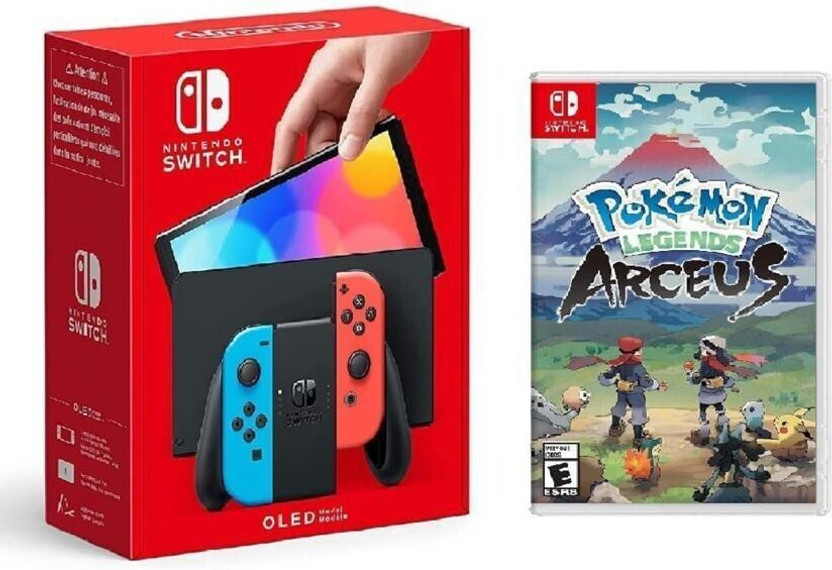 NINTENDO Switch OLED Console with Neon Blue Neon Red Joy Con 64 GB with Pokemon Legends Arceus(Black)