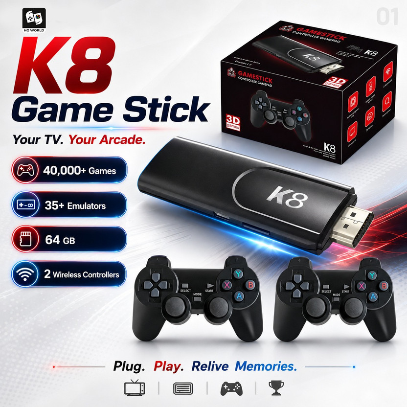 HG WORLD K8 Retro Game Stick Console with 2 ergonomic 2.4GHz Video Games For TV Wireless Gamepad Gaming Console for TV Video Game for Kids, 64 GB with 35+ Emulator, 40,000+ Games, Mini Video Game Hand TV(Black, Loved by Fans of PlayStation Mini PS5,PS4,PS3,PS2,PS1,PSP,Xbox,Nintendo Switch)