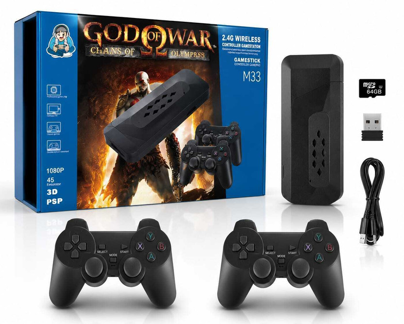 ADVANCE GADGETS M33 4K HDMI Wireless Game Stick 25000+Games 64GB Card 2 Wireless Controller 64 GB with YES(Black)