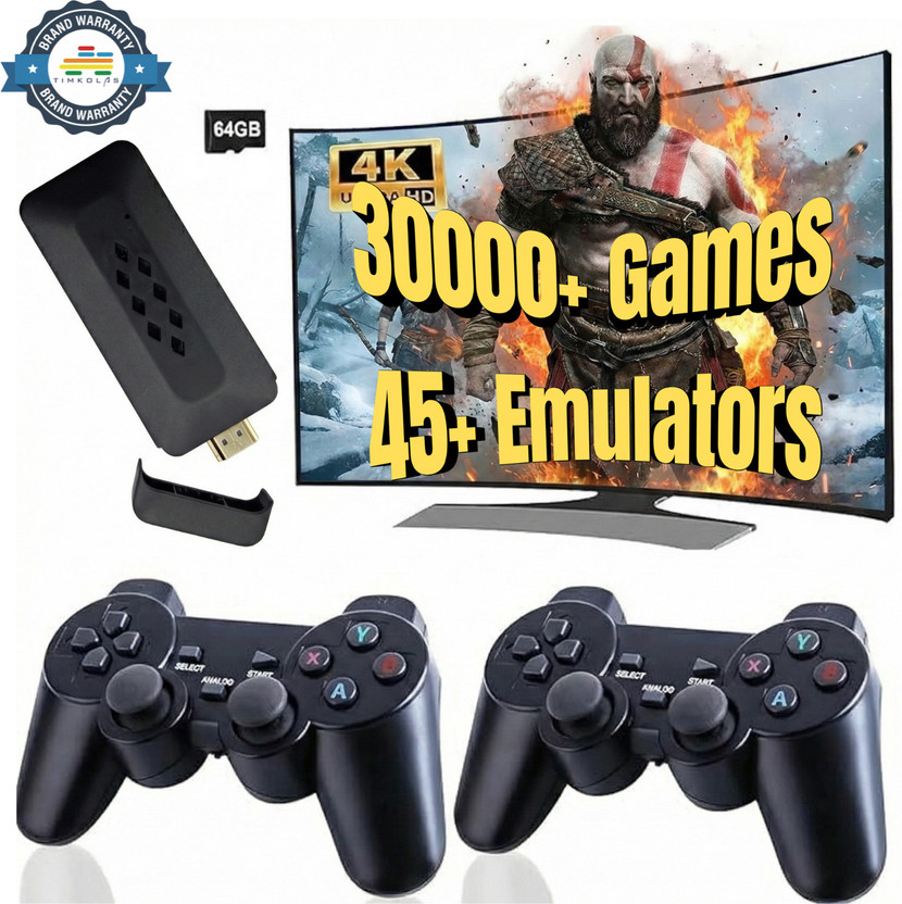 Timkolas M33 2.4G Wireless Game with 2 Controllers| 30,000+ Builtin Games|45 Emulators_08 64 GB with M33 Game Stick comes pre-loaded with 30,000+retro games & 45 built-in emulators(Black)