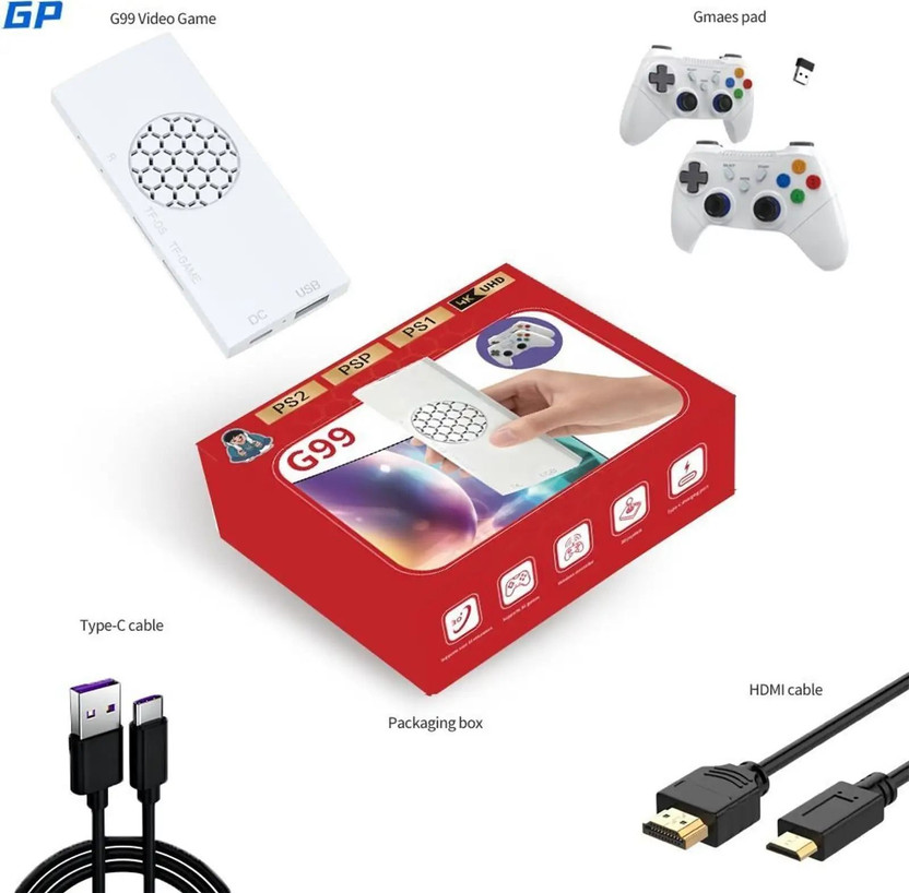 HG WORLD G99 Retro Game Stick Console with 2.4G Dual Wireless Controllers Video Game 128 GB with 20000+ Preloaded Games, 30+ Emulators, Game Box with HDMI Output(White, Loved by Fans of Playstation Portable PS5,PS4,PS3,PS2,PS1, Xbox,Nintendo Switch)