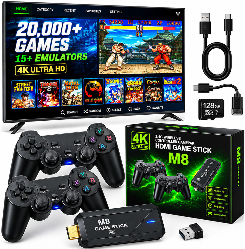 PLAYTRON M8 Pro 4K Ultra HD Retro HDMI Game Stick 64GB Dual Wireless Controller 64 GB with 15, 000+ built-in retro arcade, classic action, adventure, racing, and fighting.(White, with 40+ Emulator, Full HDMI Output, TV Game Set, Mini Video Game Hand TV)