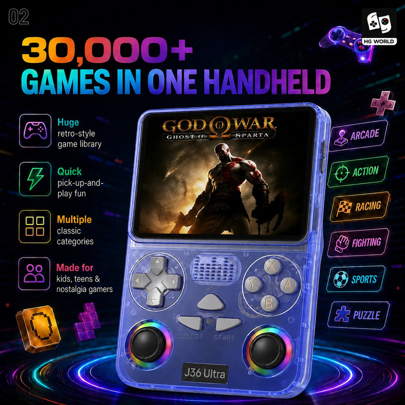 HG WORLD Retro J36 Ultra Video Game Hand Gaming Console For Pocket Game Box, Handheld Gaming Console with 3.5" IPS HD Display,Rechargeable Battery, 64 GB with 30,000+God of war, GTA Vice city, Crash Bandicoot & Many More(Blue, 20+ Emulator Hand Video Game, RGB joystick lighting, Built-in YouTube sup