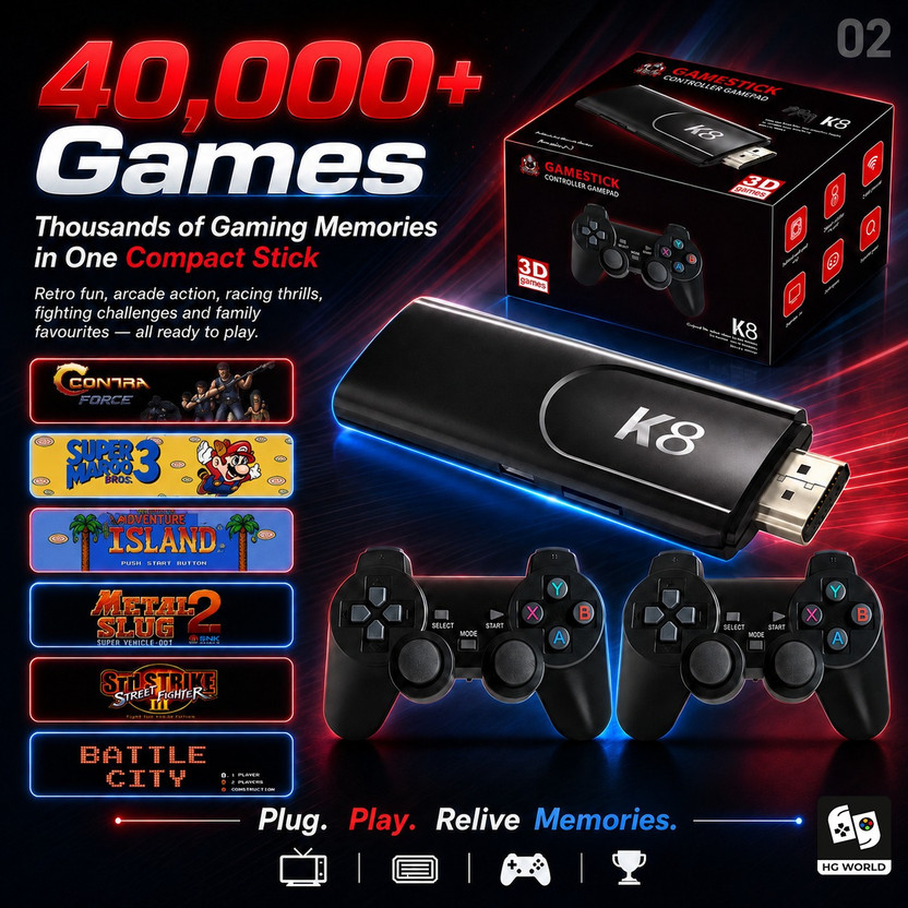 HG WORLD K8 Retro Game Stick Console with 2 ergonomic 2.4GHz Video Games For TV Wireless Gamepad Gaming Console for TV Video Game for Kids, 64 GB with 35+ Emulator, 40,000+ Games, Mini Video Game Hand TV(Black, Loved by Fans of PlayStation Mini PS5,PS4,PS3,PS2,PS1,PSP,Xbox,Nintendo Switch)