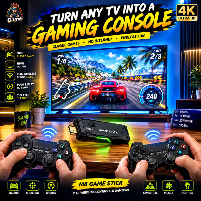 PIXORA M8 GAMING CONSOLE HDMI GAMES. 64 GB with 15, 000+ built-in retro arcade, classic action, adventure, racing, and fighting.(Black, with 40+ Emulator, Full HDMI Output, TV Game Set, Mini Video Game Hand TV)