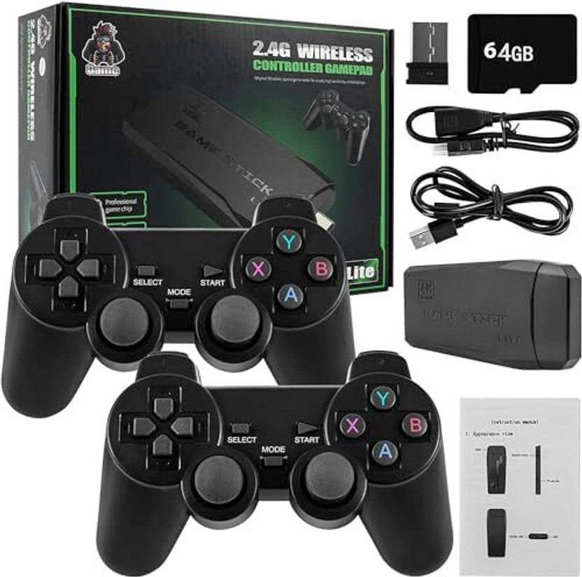 Bestie Toys Wireless Console Game Stick Video Game Console Built-in 15000 (Standard Edition) 64 GB with 1 x Game Stick Console 1 x Wireless receiver 2 x Controller 1 x charging(Multicolor)