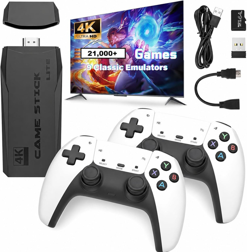 PAPASpace 4K HDMI Video Game Stick 21000+ Built-in Games Dual Wireless Gamepads 64 GB with yes(Black, White)