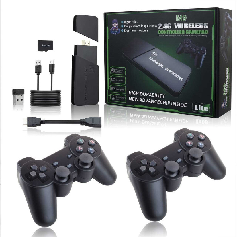 Playtastic M9 4K Ultra HD Game Stick 64 GB with 2 Wireless Controllers, with 10 Emulators 24000+ Games 2.4G Wireless(Black)