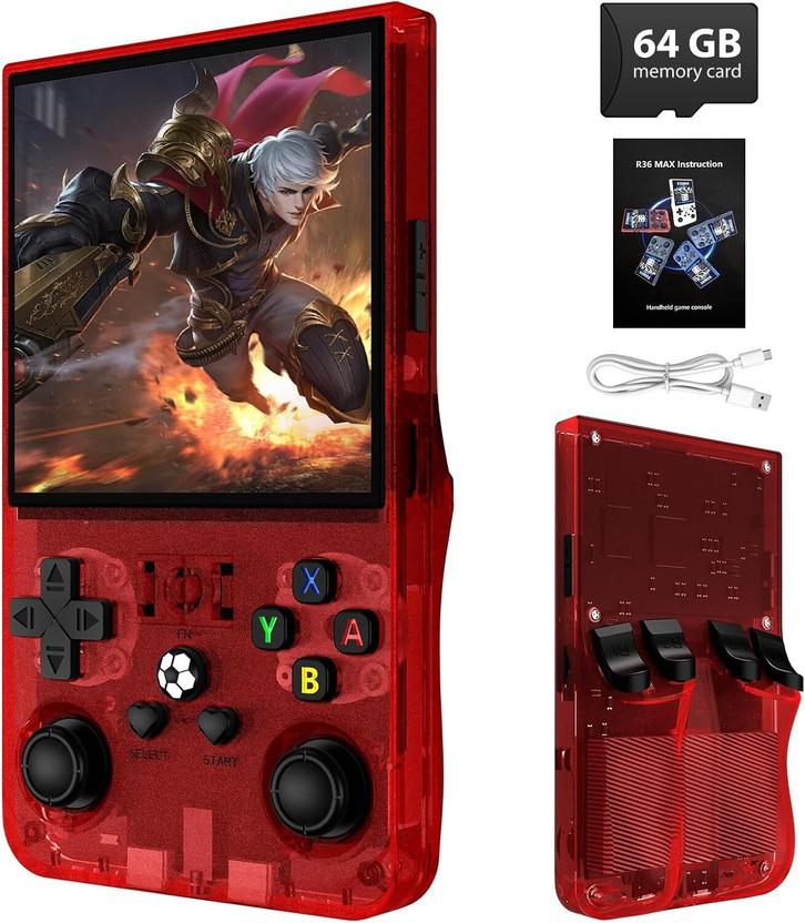 Playtastic R36S Max Retro Game Console 4 inch Retro Emulator System 64 GB with 15000+Preinstall video game Mario ,GTA Vice City(Red)