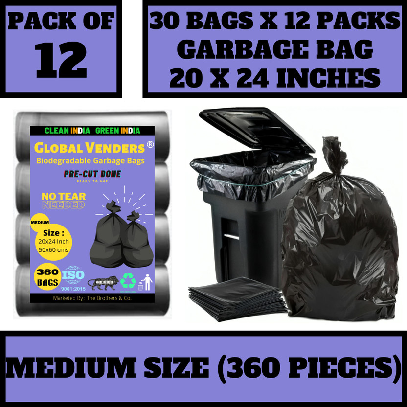 Global Venders Premium Black Garbage Bag - 20x24 Inches (Pack of 12, 360 Pieces, Medium) | Medium 12 L Garbage Bag  Pack Of 360(360Bag )