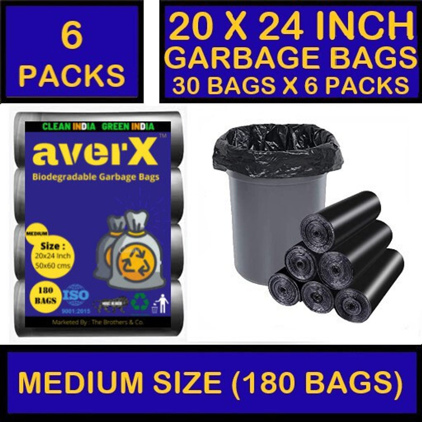 averX Biodegradable Medium Size Black Garbage Bag - 20x24 inches (Pack of 6 - 180 Pieces) 24 L Garbage Bag (180 Bags) Medium 24 L Garbage Bag  Pack Of 180(180Bag )