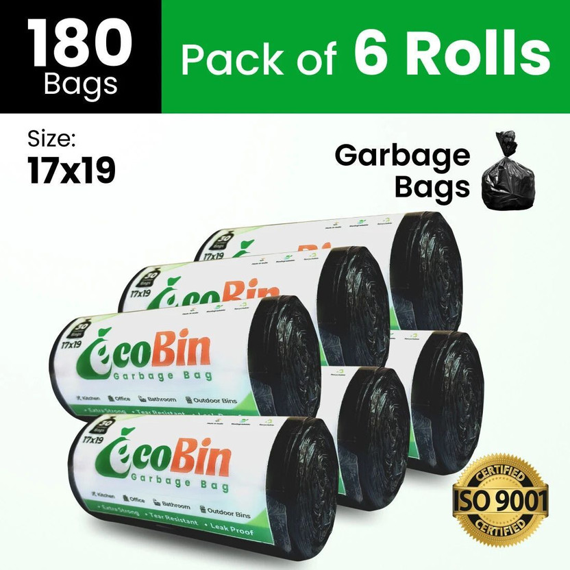 EcoBin Eco-Friendly Small Garbage Bags: 17"x19", 180 Bags (6 Rolls) for Home/Office Small 6 L Garbage Bag  Pack Of 6(6Bag )