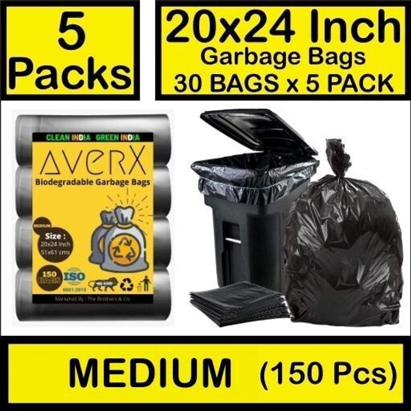 averX Biodegradable Black Garbage Bag - 20x24 inches (Pack of 5, 150 Pieces, Medium) Medium 20 L Garbage Bag  Pack Of 150(150Bag )