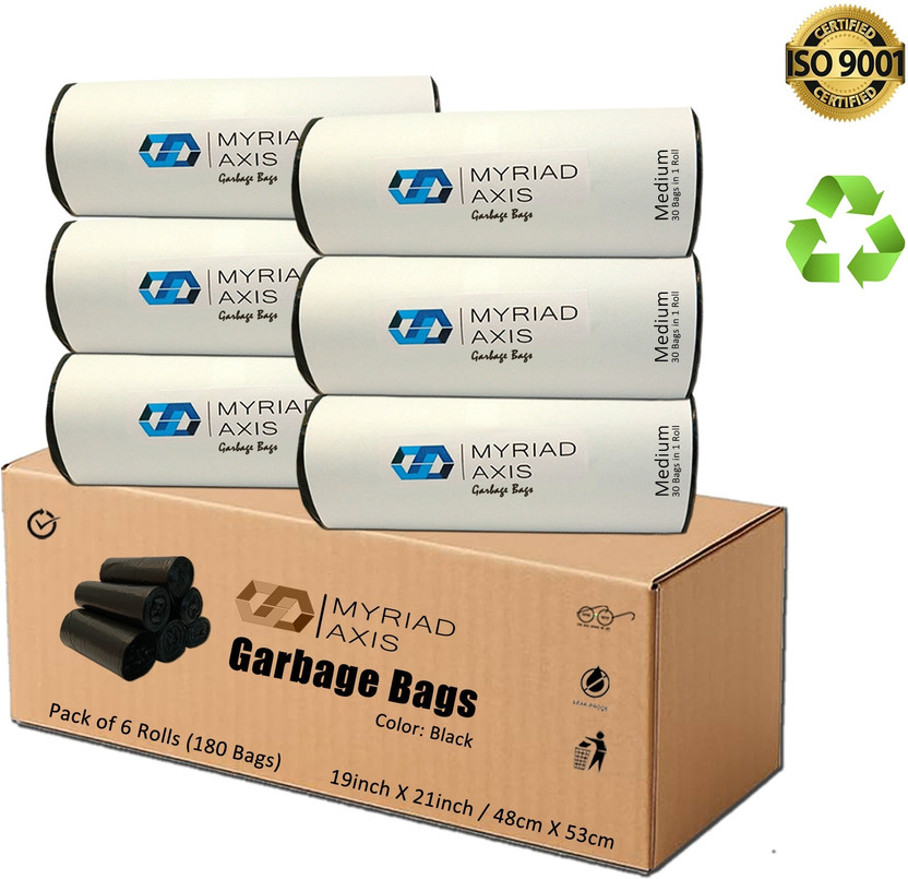 Myriad Heavy-Duty Black Garbage Bags | 19x21 Inch Leak-Proof Trash Liners | Pack of 6 Medium 14 L Garbage Bag  Pack Of 180(180Bag )