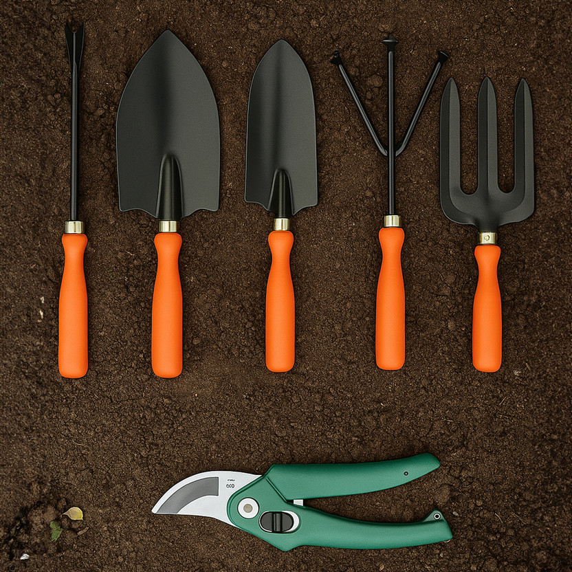 Cinagro Pruner, Trowel, Cultivator, Transplanter, Weeder, Fork, Garden Tool Kit with Pruner Comfortable and Durable (Set of 6, Orange) Garden Tool Kit(6 Tools)