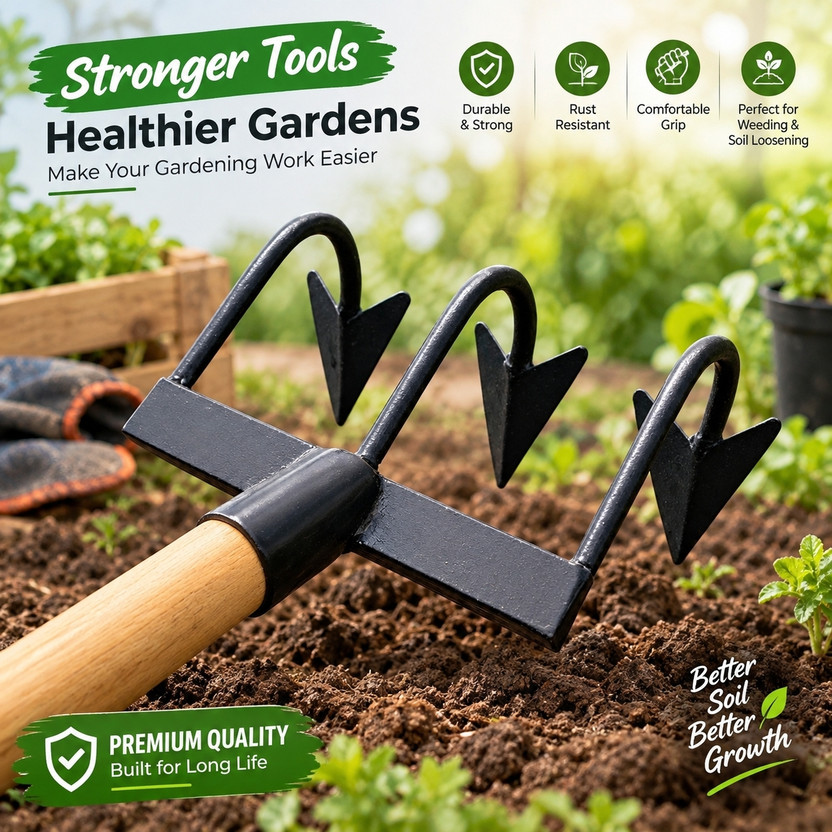 FARDEEN STORE Heavy Duty 3-Tine Garden Cultivator Tool | Manual Soil Loosener & Weeder Garden Tool Kit(1 Tools)