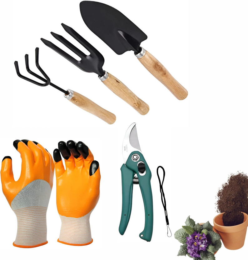 GROWTOP 3PCS Wooden Handle Cultivator Free Rubber Hand Gloves Garden Tool Kit Garden Tool Kit(5 Tools)