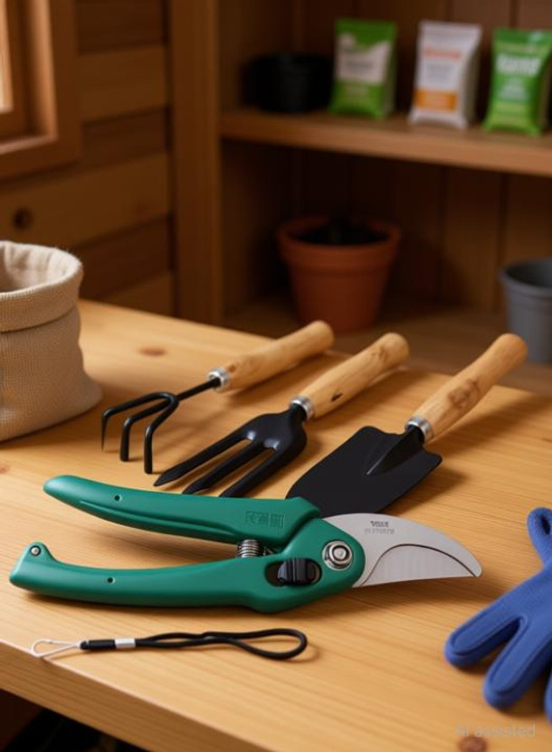 Green India Gardening Tools Pruner and Garden Tool with Wooden Handle 4 Garden Tool Kit Garden Tool Kit(4 Tools)