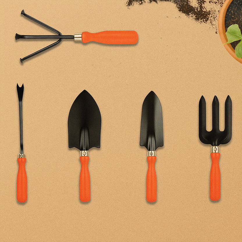 Cinagro Trowel, Cultivator, Transplanter, Weeder, Fork, Trowel Set with orange handle Garden Tool Kit(5 Tools)