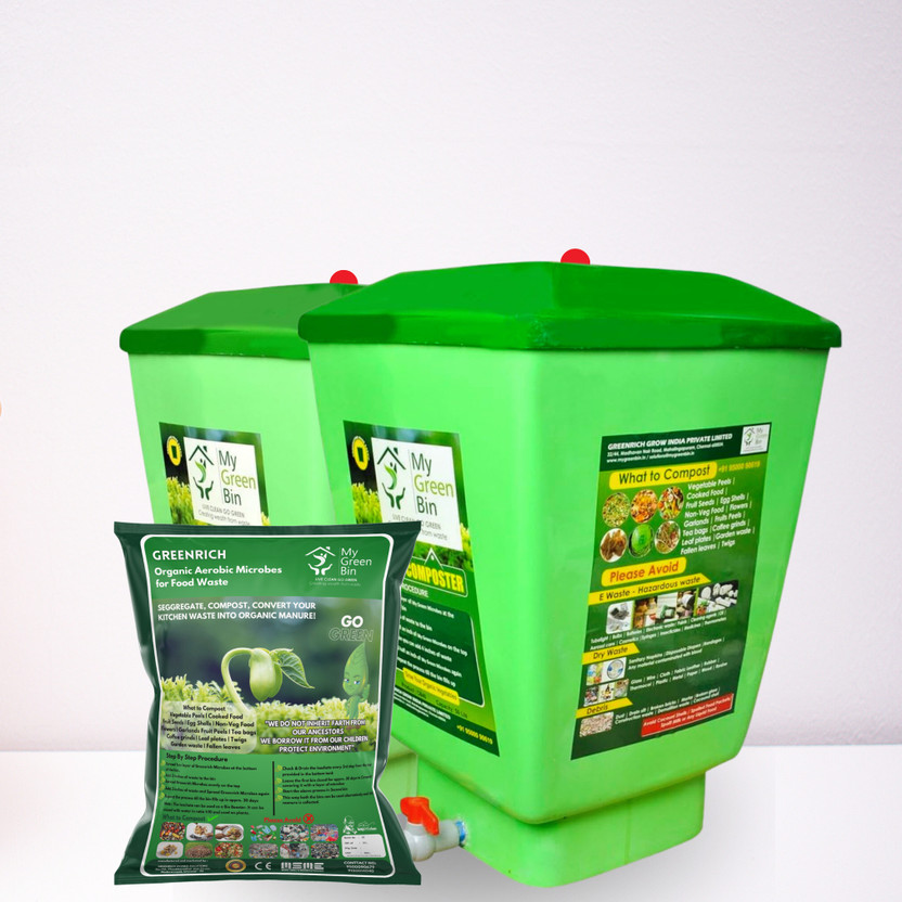 MyGreenBin Home Compost Bin 50 Lit1 Set (2 Bins) +10Lit Microbes-Organic Waste Converter. Garden Tool Kit(4 Tools)