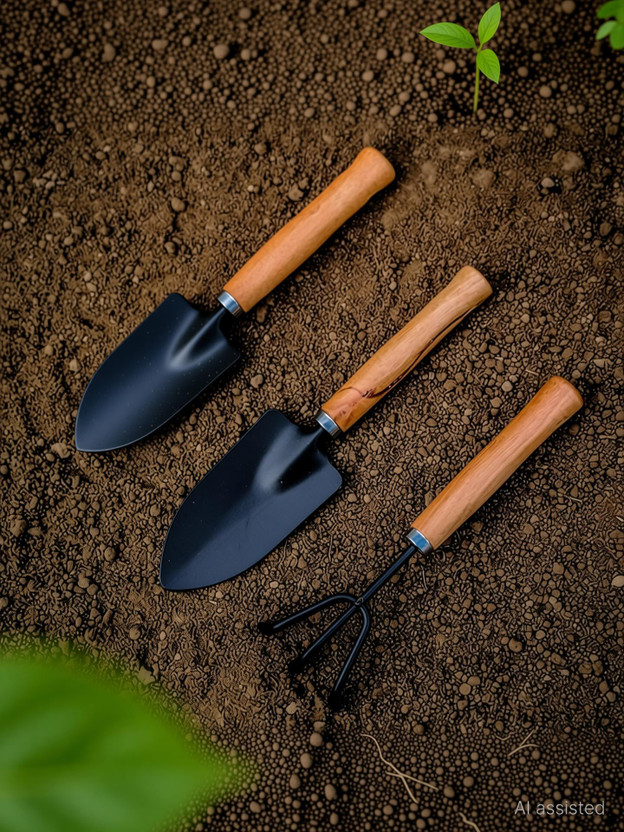 DeoDap Garden Tool Set | Garden Tools Wooden Handle | Gardening Tools Kit( Hand Cultivator, Big Trowel, Garden Fork) 03 Garden Tool Kit(3 Tools)