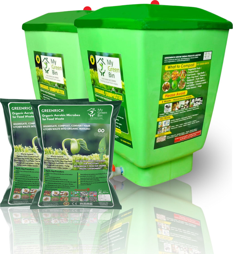 MyGreenBin Home Compost Bin 120 Lit1 Set (2 Bins) +10Lit Microbes-Organic Waste Converter. Garden Tool Kit(4 Tools)