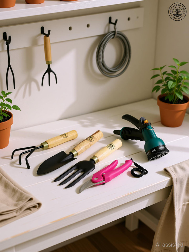 AGT Garden Tool Set Water Spray Trigger, Small Trowel, Hand Rake, Fork & Pruner/Cutter for Gardening Garden Tool Kit(5 Tools)