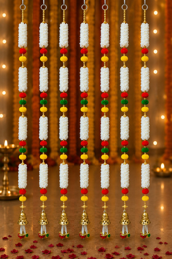 Sinu Craft 4Piece,Jasmine Mogra Flower Toran for Door Decoration|Indian Festival Home Decor Artificial Flowers, Fabric Pom-Poms, Plastic Pearls, Bells Garland(White, Red, Yellow, Green)