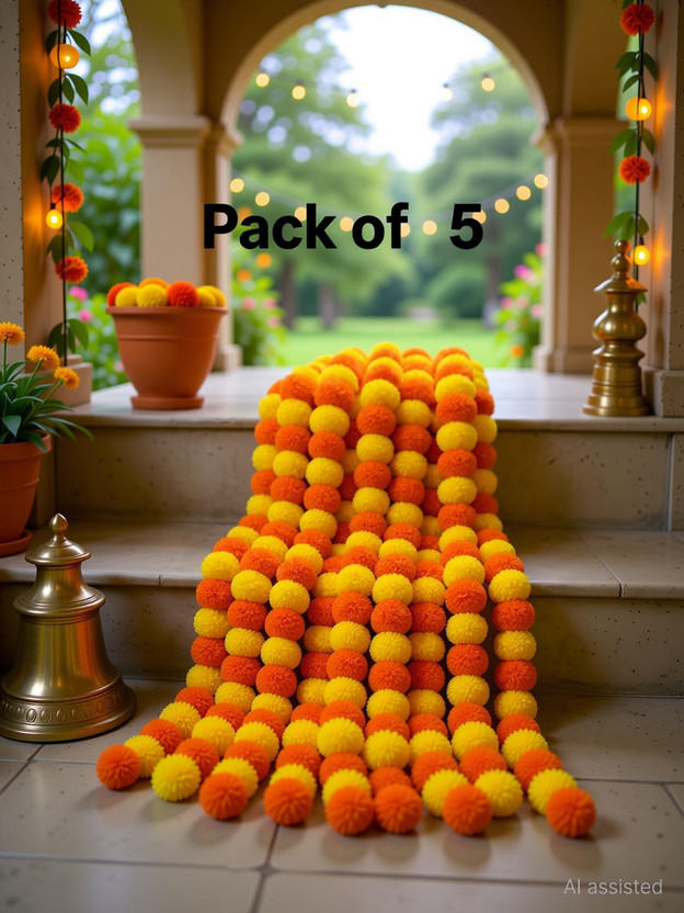 BUY UNIQUE Marigold Artificial Garland | Home,Temple,Wedding,Festival Decoration(Pack of 5) Plastic garland mala Garland(Orange, Yellow)