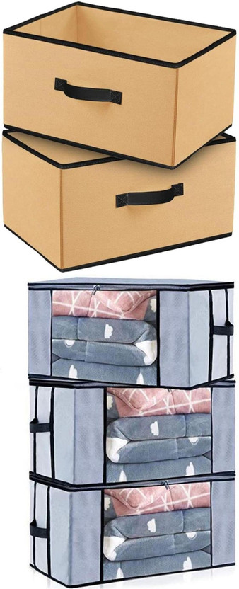 CARRY CLOUD Multipurpose Foldable Storage Box with Lid & Handle Multipurpose Organizer Bin for Clothes, Toys, Accessories, Books RSB Beige-P2 & TBC Grey-Q3(Beige, Grey)
