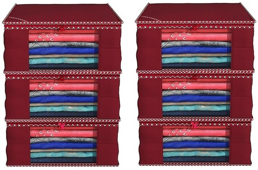 Ankit International Super Premium Quality Saree Covers With Zip Transparent Cloth Organizer For Saree / Shirts / Salwar Suit Storage Cover Bags Foldable Saree Bags For Traval Wardrobe Organiser Covers Set Of 6(Maroon)