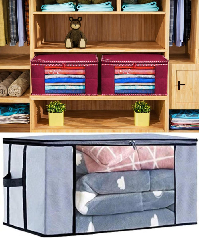 CARRY CARRY CLOUD Multipurpose Foldable Storage Box with Lid & Handle Multipurpose Organizer Bin for Clothes, Toys, Accessories, Books Piping Saree Cover Maroon-Q2 & TBC Grey-Q1(Maroon, Grey) - Flipkart Deal