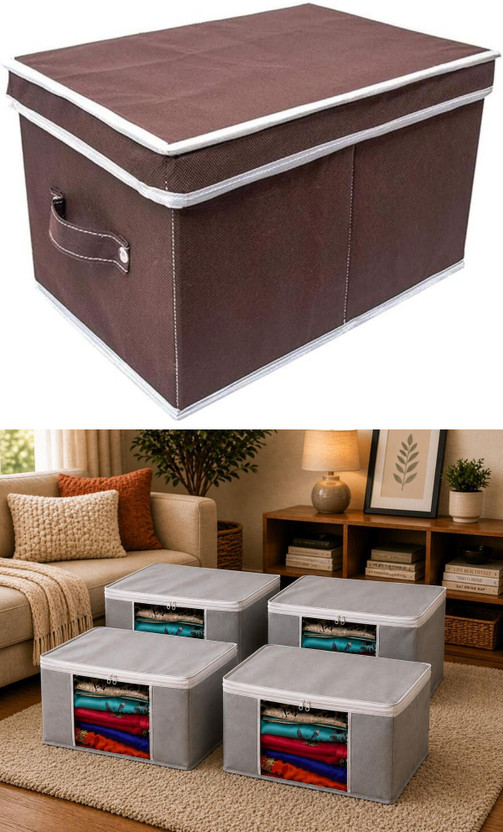 CARRY CARRY CLOUD Multipurpose Foldable Storage Box with Lid & Handle Multipurpose Organizer Bin for Clothes, Toys, Accessories, Books Storage Box with Lid Brown-P1 & WPSC Grey-P4(Brown, Grey) - Flipkart Deal