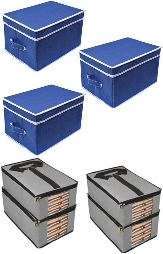 CARRY CLOUD Multipurpose Foldable Storage Box with Lid & Handle Multipurpose Organizer Bin for Clothes, Toys, Accessories, Books Storage Box with Lid Blue-P3 & Tie Print Shirt Cover Grey-PC4(Blue, Grey)