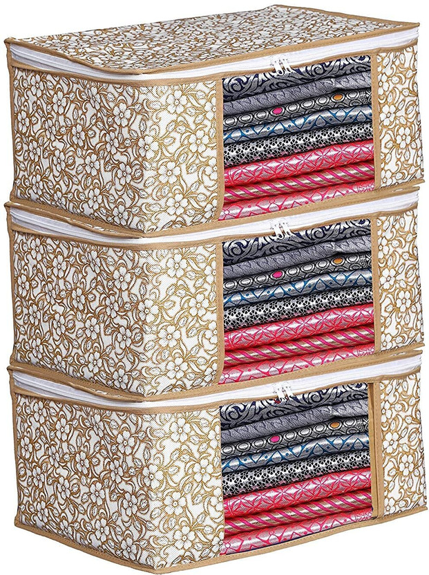 Lonaxa Cloth storage box Pack of 3 Storage organizer Saree cover Storage bag Cloth bag Organizer box Saree Cloth organiser for wardrobe Packing bags Travel organizer Space saver bag(Golden)