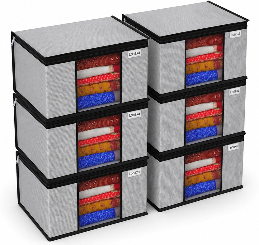 Lonaxa Cloth storage box Pack of 6 Storage organizer Saree cover Storage bag Cloth bag Organizer box Saree Cloth organiser for wardrobe Packing bags Travel organizer Space saver bag(Grey)