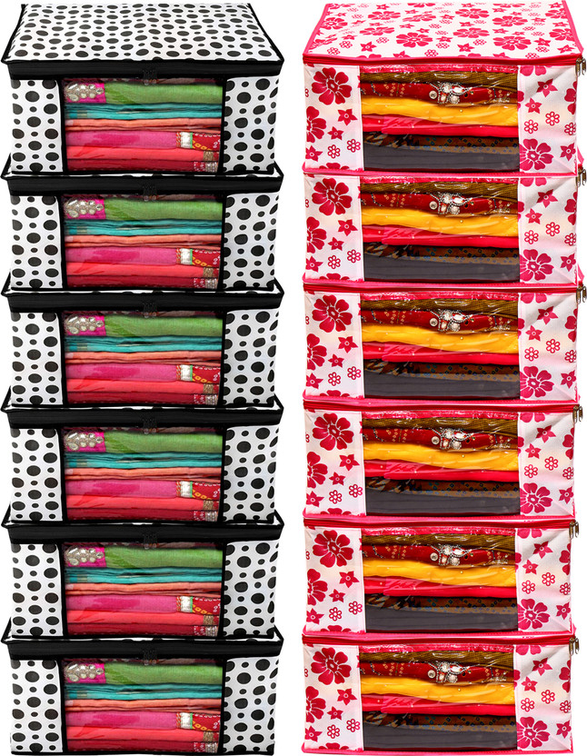 Ankit International Saree Cover High-Quality Trendy Storage Bag For Wardrobe Organizer Big in size Floral and Dot Printed Pack of 12(Pink, White, Black)