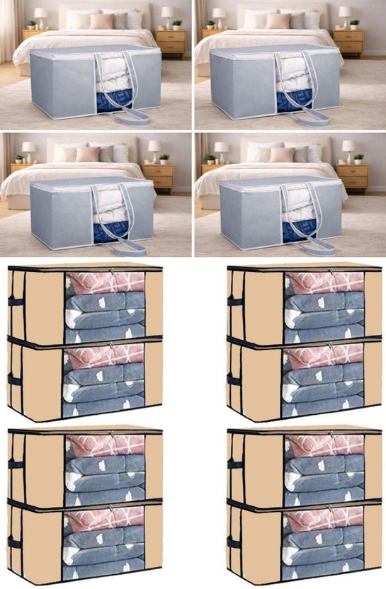 CARRY CARRY CLOUD Multipurpose Foldable Storage Box with Lid & Handle Multipurpose Organizer Bin for Clothes, Toys, Accessories, Books Saree Storage Bag Grey-P4 & Transparent Blanket Cover Beige-Q8(Grey, Beige) - Flipkart Deal
