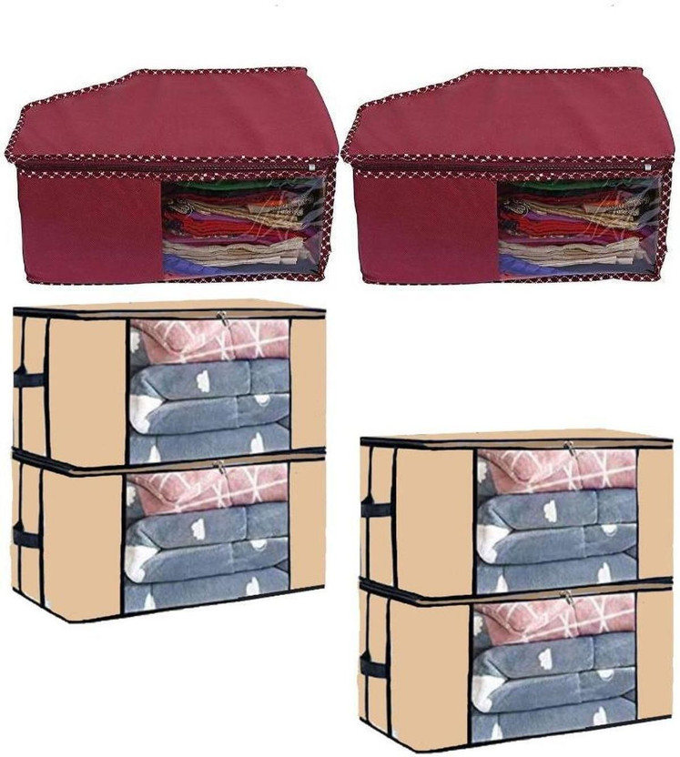 CARRY CARRY CLOUD Multipurpose Foldable Storage Box with Lid & Handle Multipurpose Organizer Bin for Clothes, Toys, Accessories, Books Saree Cover Maroon-PC2 & Transparent Blanket Cover Beige-Q4(Maroon, Beige) - Flipkart Deal