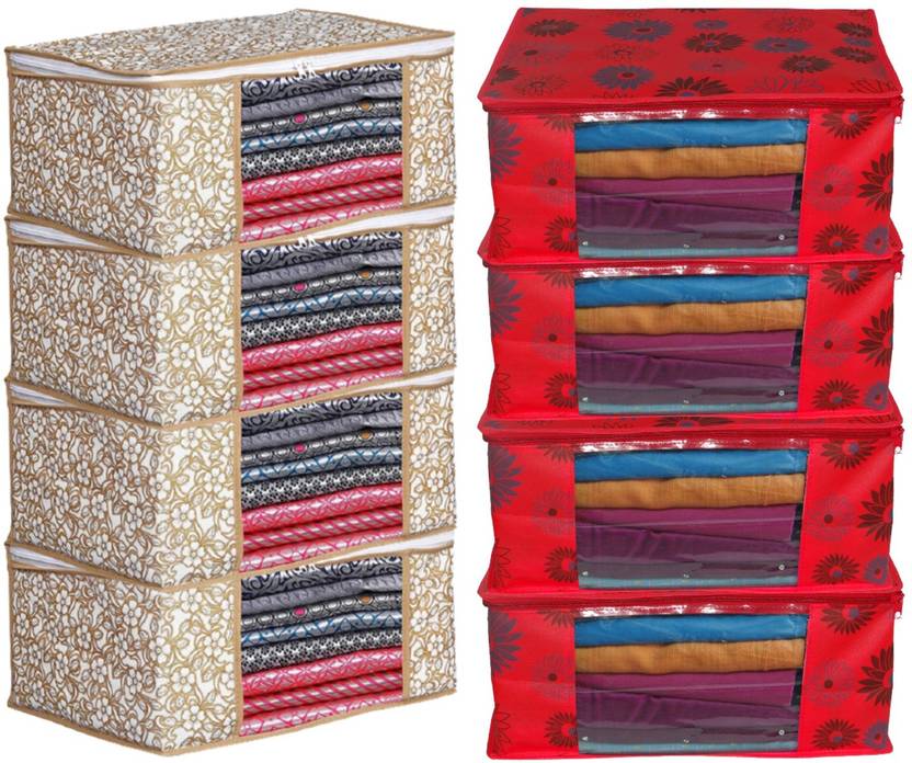 AUCRAFTSHOME Designer 8 Pieces Non Woven Red & Beige Saree Cover