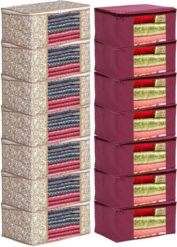 14 Pieces Maroon & Beige Non Woven High Quality Saree Cover Storage