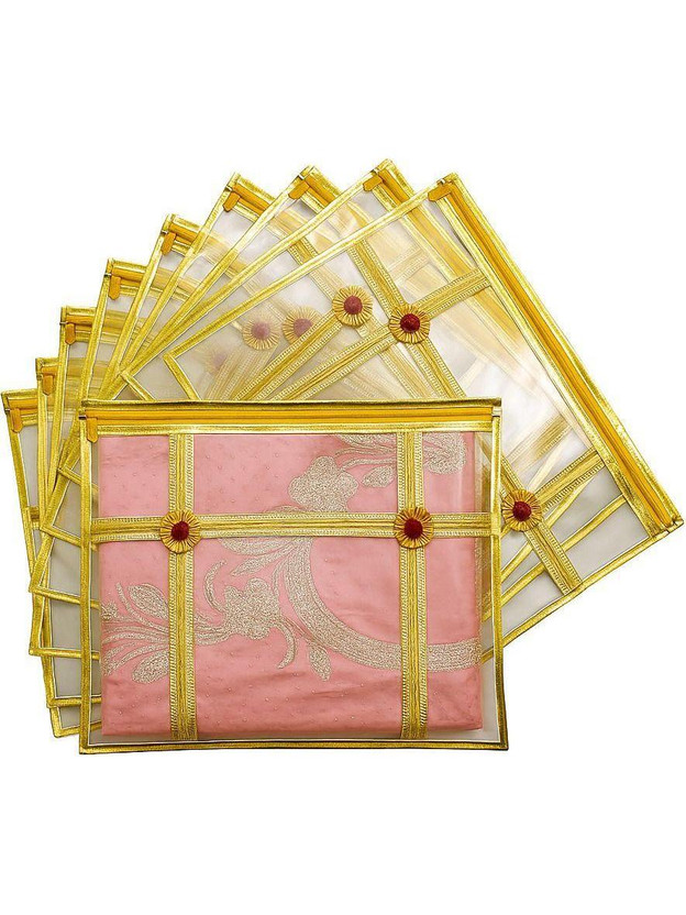 FLYLYF Single Saree cover Set of 10 Cloth storage box Premium Quality Sadi Packing Travel kit for wedding Gifting Transparent Saree Cover storage bags Sari Pouch for Suit packing bag(Golden Saree keeping bags Dress packing cover Clothes organizer for wardrobe)