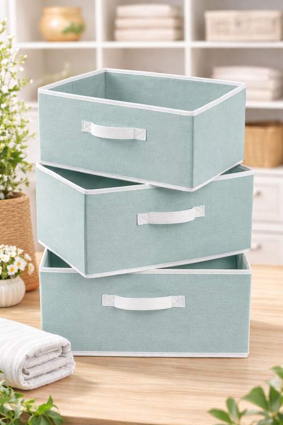 AtNoor Multipurpose Rectangular Drawer Storage Organizer Foldable Box with Side Handle Replacement Drawer Storage For Toys & Clothes Organizer (3 Pcs)(Grey)