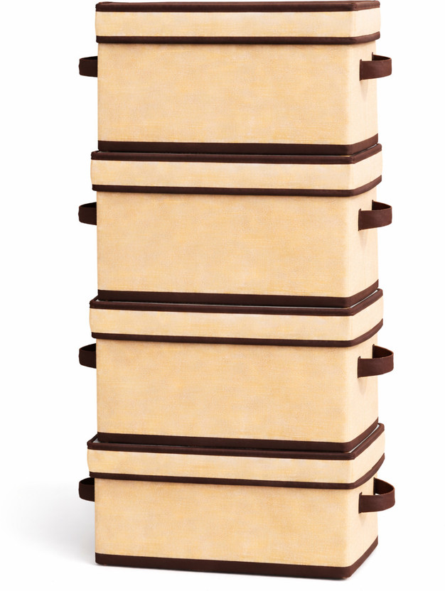 crafty craft Multipurpose Foldable Fabric Storage Box with Lid & Handles for Clothes, Laundry, Towels Wardrobe and Home Storage Organizer Set of 4(Beige)
