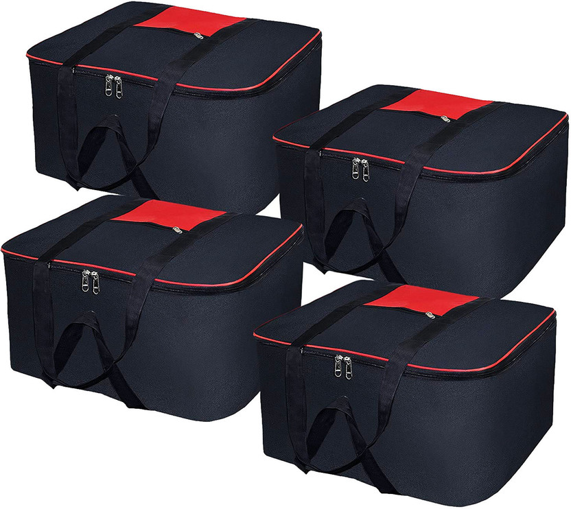 Ankit International Blanket Cover Storage Bags Non-Woven Moisture Proof Big Blanket Bag with Zipper Closure for Blanket/Bed Sheets/Clothes Bag(54x24x46cm) Pack of 4(Black, Red)