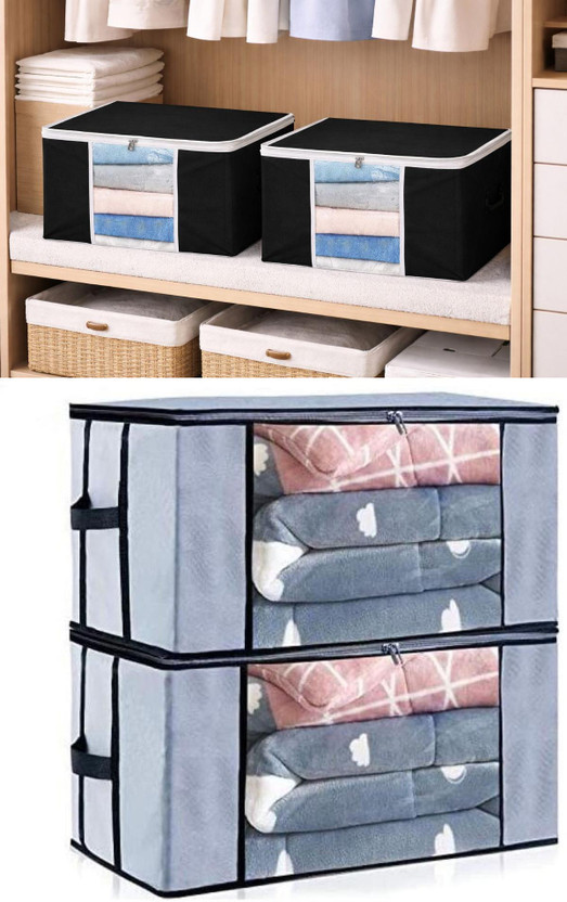 CARRY CLOUD Multipurpose Foldable Storage Box with Lid & Handle Multipurpose Organizer Bin for Clothes, Toys, Accessories, Books Saree Cover Black-P2 & Transparent Blanket Cover Grey-Q2(Black, Grey)